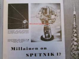 Tekniikan Maailma 1957 nr 11 -mm. Kannessa Tekokuu Sputnik 1, Pikuautolle talli rakennuspiirrustukset, Kiikarista teleobjektiivi, Asahiflex, He työskentelevät