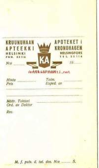 Kruunuhaan  Apteekki  Åke Lydman  - käyttämätön apteekkipussi 1950-luvun alku
