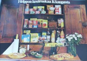 Helppoa kesäruokaa K-kaupasta - Keskon mainosjuliste  1970-1980-luvuilta 80x120 cm  K-Kaupan Väiskin aikaisia.Väinö Valdemar Purje eli ”K-kaupan Väiski”