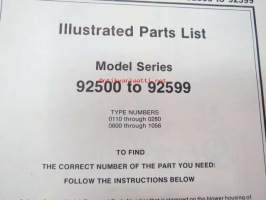 Briggs &amp; Stratton Illustrated Parts List Model Series 92500 to 92599 varaosaluettelo, tyypit näkyvät kuvissa