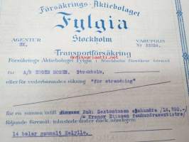 Försäkrings-Aktiebolaget Fylgia / S/S Nordstjernanl med avgång till Åbo, 9.4.1925 -kuljetusvakuutuskirja