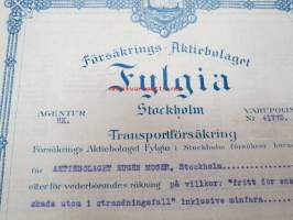 Försäkrings-Aktiebolaget Fylgia / S/S Nordstjernanl med avgång till Åbo, 28.11.1925 -kuljetusvakuutuskirja