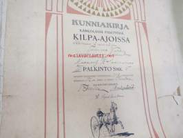 Kunniakirja Kärkölässä pidetyistä kilpa-ajoissa 2.2.1913 tamma &quot;Vappu&quot;, omistaja maanviljelijä K. Saarenmaa, III palkinto