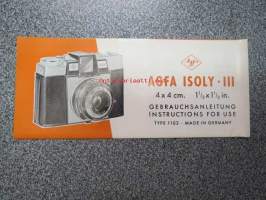 Agfa Isoly III 4 x 4 cm Gebrauchsanleitung / Instructions for use -kameran käyttöohje saksaksi ja englanniksi