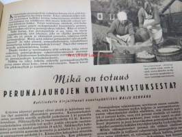 Kotiliesi 1945 nr 19,  Kansikuva Martta Wendelin (nainen kerää syksyn satoa)  Askon Tehtaat - Lahti, Huhtamäki-yhtymä Oy maistiaishuone. Ajankuvaa syksy 1945