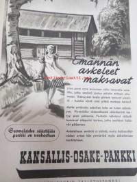 Kotiliesi 1945 nr 19,  Kansikuva Martta Wendelin (nainen kerää syksyn satoa)  Askon Tehtaat - Lahti, Huhtamäki-yhtymä Oy maistiaishuone. Ajankuvaa syksy 1945