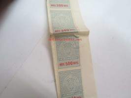 Leimamerkit 1 x 500 mk, 1 x 200 mk, 1 x 50 mk -leike asiakirjalta