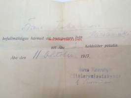 Frans Johansson befullmäktigas härmed att transportera från Kärsämäki till Åbo 3 hektoliter potatis. 11. oktober 1917. Turun Kaupungin Elintarvelautakunta