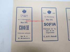 C. &amp; P. Petroff St. Petersburg / Nr 111 Sofija / Sofia -tupakkaetiketti, leikkaamaton arkki 8 etikettiä, 1800-luvun loppupuolelta