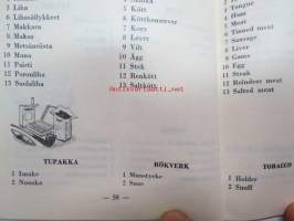 Ostostulkki - Köplexikon - Shopping guide - Einkaufsdolmetscher - Kesko Oy:n (1952) ulkomaalaisia varten painattama tulkkauskirja ostosten teon helpottamiseksi