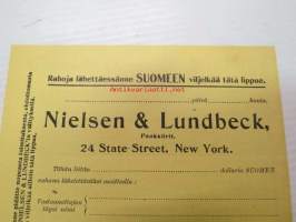 Nielsen &amp; Lundbeck, pankkiirit, New York -rahanlähetys- ja mainospainate suomalaisille siirtolaisille näiden lähettäessä rahaa Suomeen, kurssilista,