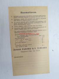 Auran Panimo - Saarinen Kioski Vistanmäki -lähetyskuitti 10.8.1937