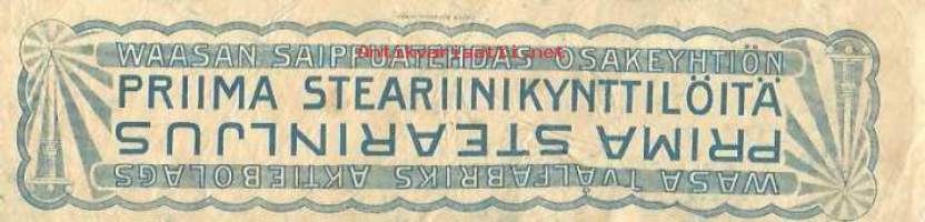 Priima Steariinikynttilöitä -  tuote-etiketti  painettu Björkellin kivipainossa 1900-luvun alku