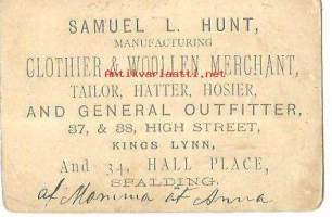 Samuel L Hunt manufacturing Clothier &amp; Woollen Merchant  - mainoskortti