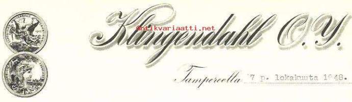 Klingendahl Oy Tampere 7.10.1948  - firmalomake
