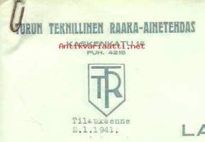Turun Teknillinen Raaka-ainetehdas Turku 1941  - firmalomake