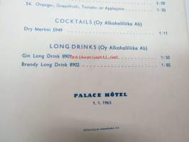 Cocktails, Palace Hotel, Helsinki, 1965 -drinkkilista