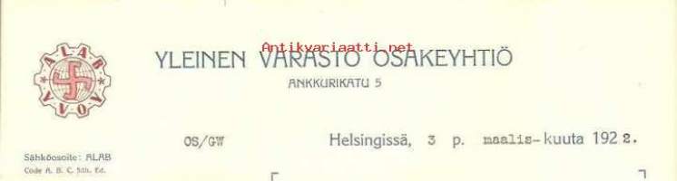 Yleinen Varasto Oy Hki  liikekirje 3.3.1922  - firmalomake