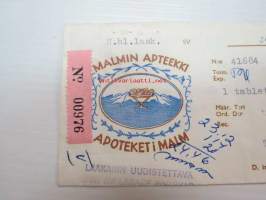 Malmin Apteekki - Apoteket i Malm, Helsinki, 21.10.1968 -apteekkisignatuuri, reseptiliuska