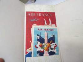 Air France -1950-luvulla lennoilla jaettu kansio, jossa Pariisi-postikortti, Tax-Free savuke- ja alkoholihinnasto sekä yhteydenottokirje itselleen lentoyhtiön