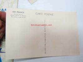 Air France -1950-luvulla lennoilla jaettu kansio, jossa Pariisi-postikortti, Tax-Free savuke- ja alkoholihinnasto sekä yhteydenottokirje itselleen lentoyhtiön