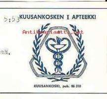 Kuusankosken I  Apteekki  Kuusankoski  1969- resepti signatuuri apteekkipussi