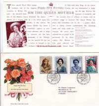 FDC Iso-Britannia 1990 - 02.08.1990 Happy 90th Birthday to HM the Queen Mother. Kuningataräidin ysikymppiset.