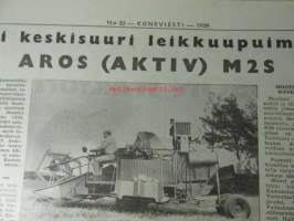 Koneviesti 1959, sis. mm. seur. artikkelit / kuvat / mainokset; Yksiakselisetraktorit pien- ja kääpiötilojen yleiskoneita, Leikkuupuimuri Aros (Aktiv) M2S,