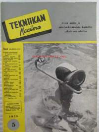 Tekniikan maailma 1955 nr 5, sis. mm. seur. artikkelit / kuvat / mainokset; Uusi Nikon S-2, Halpa ja helppo rakenteinen Vihmuri eli puutarhakastelija, Tislauksesta,