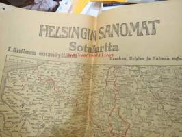 Helsingin Sanomat sotakartta I Maailmansota, Läntinen sotanäyttämö, Itäinen sotanäyttämö, Ypres, Kaukasia