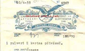 Linnankadun  Apteekki, Turku - resepti signatuuri  reseptipussi 1955