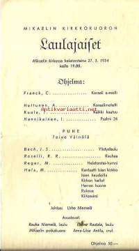 Mikaelin Kirkkokuoron Laulajaiset Mikaelin kirkossa 17.5.1954 Helatorstaina - ohjelma