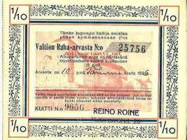 1/10 osa Valtion Raha-arvasta  tammikuu 1936  nr 25756  -  arpa