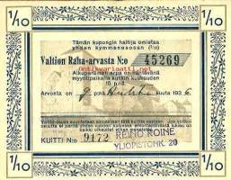 1/10 osa Valtion Raha-arvasta  huhtikuu 1936  nr 45269  -  arpa