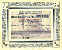 1/10 osa Valtion Raha-arvasta  syyskuu 1936  nr 28165 -  arpa