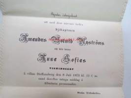 Bjudes ödmjukast att med dess närvaro hedra Sjökaptenen Amandus Botwid Nyströms och min dotter Anna Sofias vigningsakt å villan Steffansberg den 8 Juli 1873