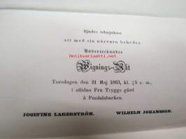 Bjudes ödmjukast att med sin närvaro behedra Undertecknades Wignings-Akt Torsdagen den 21 Maj 1863, kl. 1/2 5 e. m., i aflidna Fru Tryggs gård å Puolalabacken.