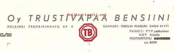 TB = Trustivapaa Bensiini Oy  1954 - firmalomake