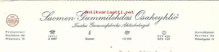 Suomen Gummitehdas Oy   lasku 1953  - firmalomake