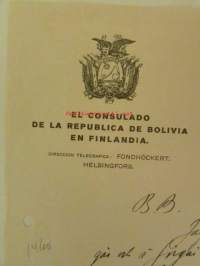 El Consulado de la rebulica de Bolivia en Finlandia, Helsinfors 3.9. 1925 - asiakirja