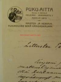 Puku-Aitta, Naisten- ja herrainpukimoliike sekä kangaskauppa, Helsinki 28. elokuuta 1922 - asiakirja