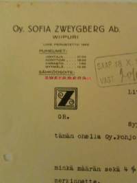 Oy. Sofia Zweygberg Ab, Wiborg, Wiipuri 17. lokakuuta 1927 - asiakirja