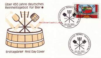 FDC Saksa Über 450 Jahre deutsches Reinheitsgebot für Bier, 05.05.1983. 80 Pf.  Oluen puhtauslaki 450v.