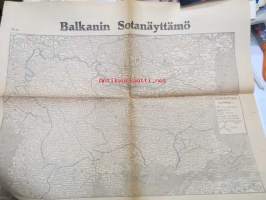 Balkanin Sotanäyttämö (-kartta) - Helsingin Sanomat -I Maailmansodan alkuhetkien ajalta oleva kartta
