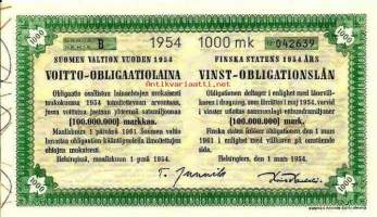 Suomen valtion 1954  Voitto-obligaatiolaina  1000 mk