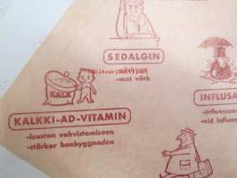 Ferlugon / Sedalgin / Kalkki-AD-Vitamin / Angitol / Influsan / Autobuss / Neogel / Lepo / Purlax -apteekkikäärepaperi