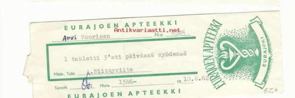 Eurajoen  Apteekki 1962 - resepti signatuuri
