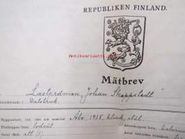 Mätbrev nr 8889 Lastpråmen &quot;Johan Skeppstedt&quot; hemmahörande i Dalsbruk -lastiproomun mittakirja
