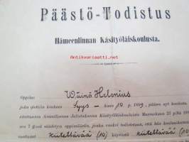 Päästö-Todistus Hämeenlinnan Käsityöläiskoulusta. Wäinö Helenius, 17.5.1901