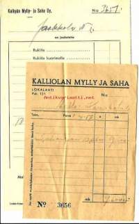 Kalliolan Mylly ja Saha, Lokalahti ja Keikyän Mylly- ja Saha Oy, kuitti 1943  - firmalomake 2 kpl